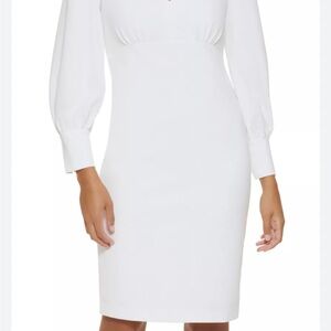 Calvin Klein White Midi Sheath Dress with Bishop Sleeves